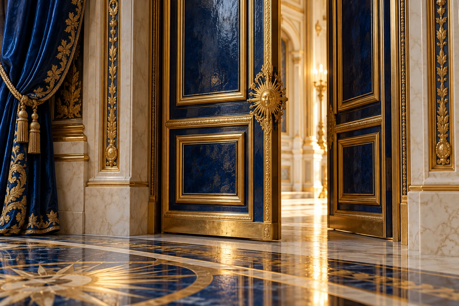 Open sapphire enamel doors reveal a luminous gold palace corridor