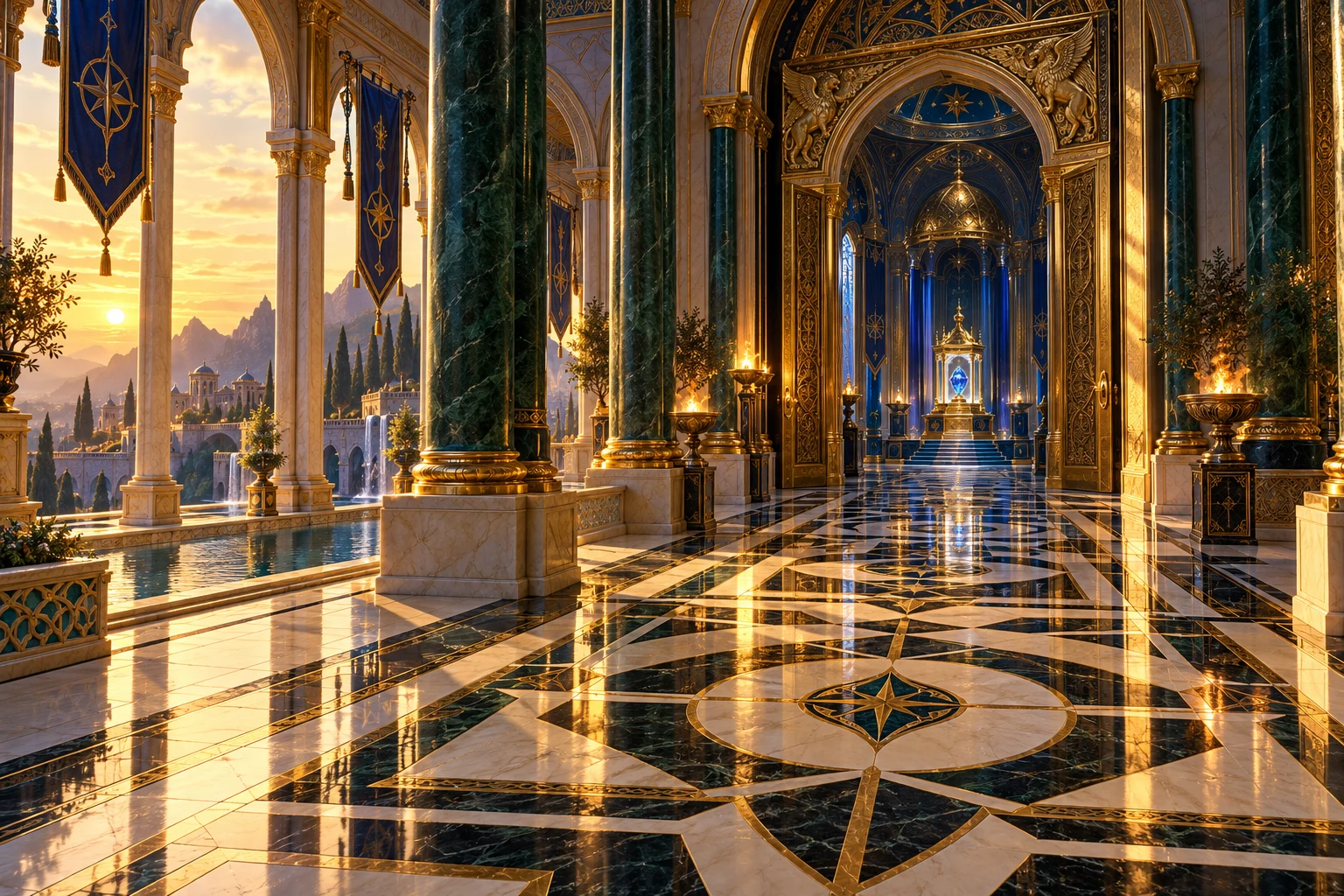 A long sapphire palace gallery with gold columns and a geometric floor