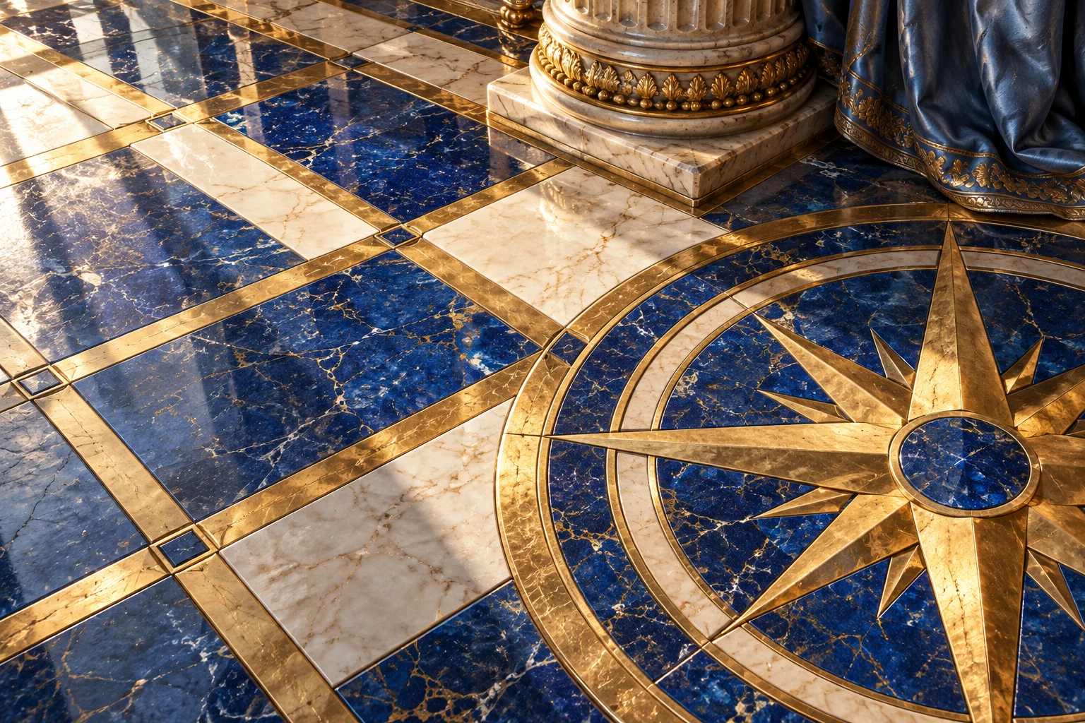 Lapis and gold mosaic squares set into a palace floor
