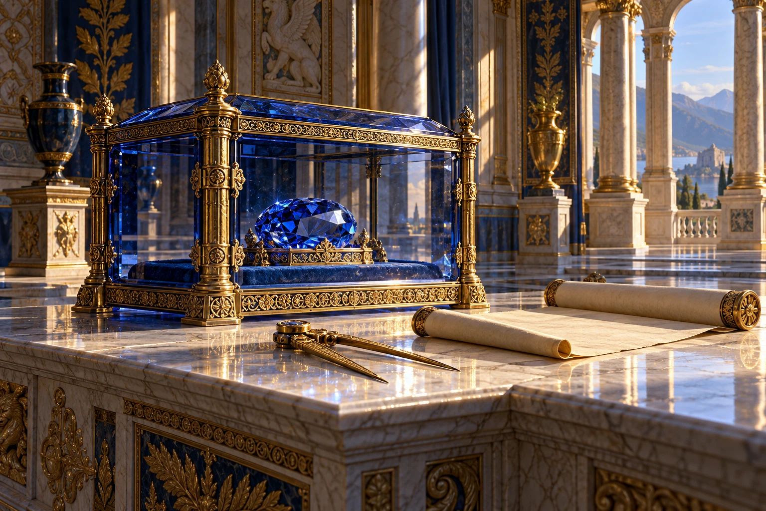 A sapphire glass treasury case beside gold architectural tools