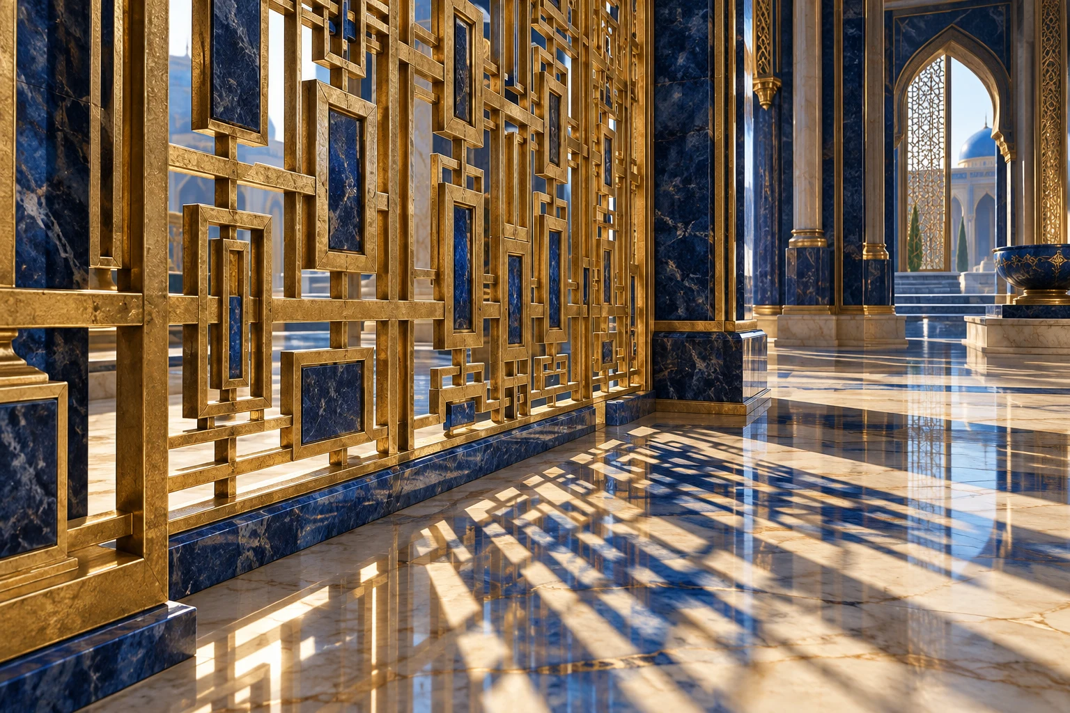 An elaborate rectangular gold screen casting sapphire shadows across marble